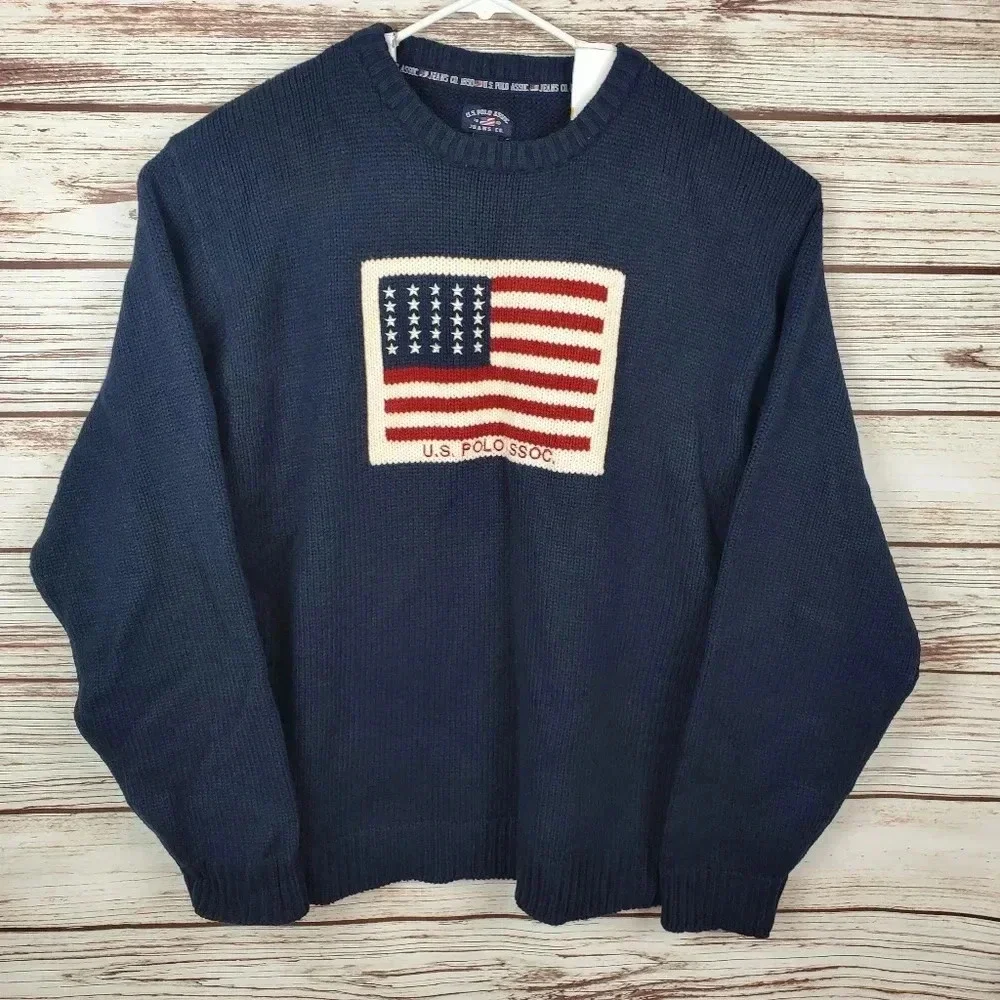 US Polo Assn Mens XL Navy Blue USA Flag Logo Wool Blend Crewneck Sweater